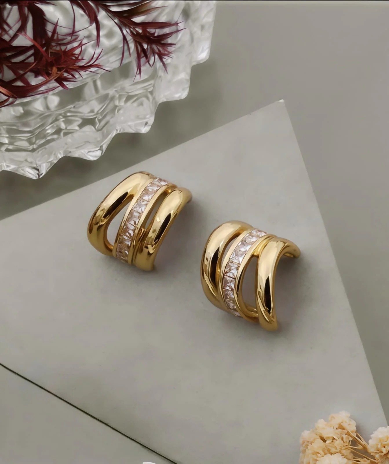 Gold Three layer Cubic Zirconia Hoop Earrings