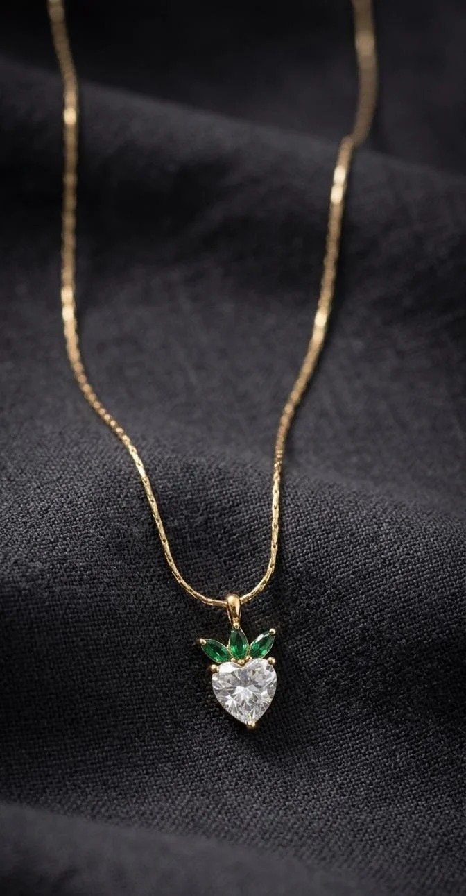 Strawberry Heart Pendant and green leaves Neckchain