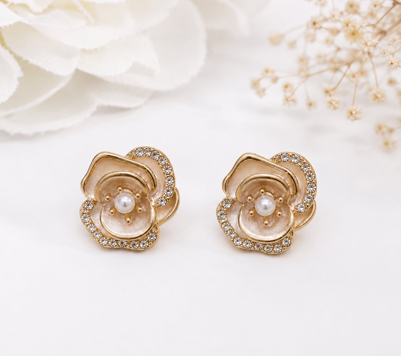 Peach Floral Pearl Stud Earrings