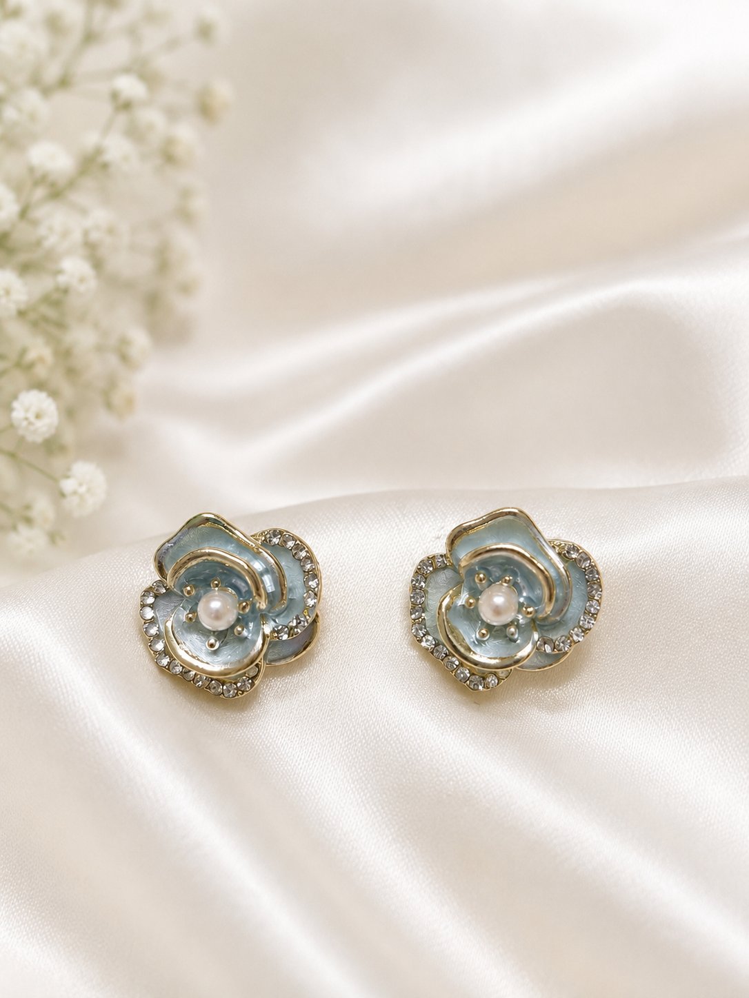 Blue Floral Pearl Stud Earrings