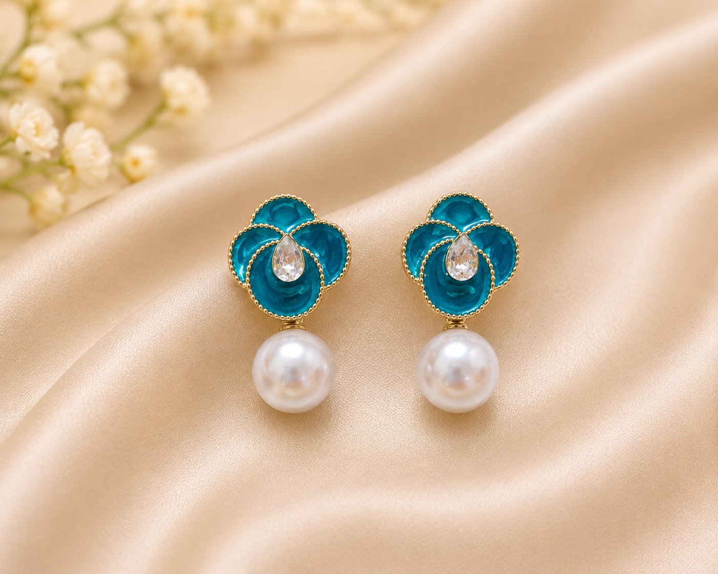 Enamel Blue Flower Pearl Drop Earrings
