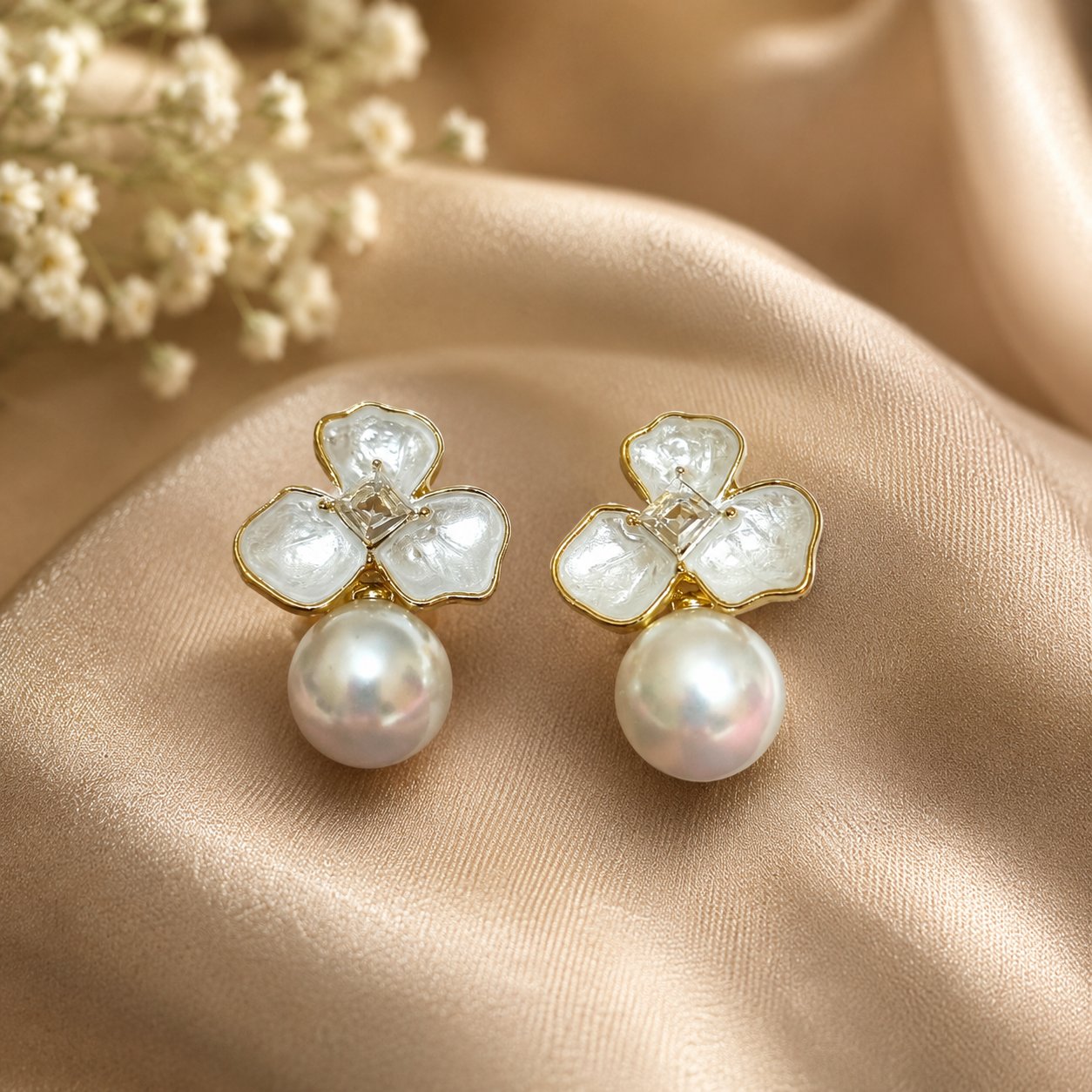 Floral White Pearl Drop Earrings