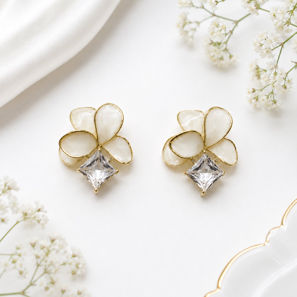 Ivory Floral Crystal Stud Earrings