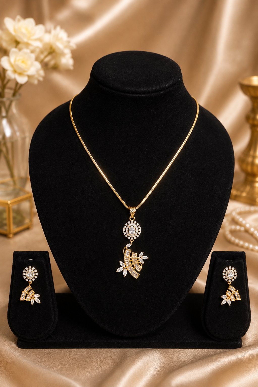 Gold CZ Pendant Necklace Set