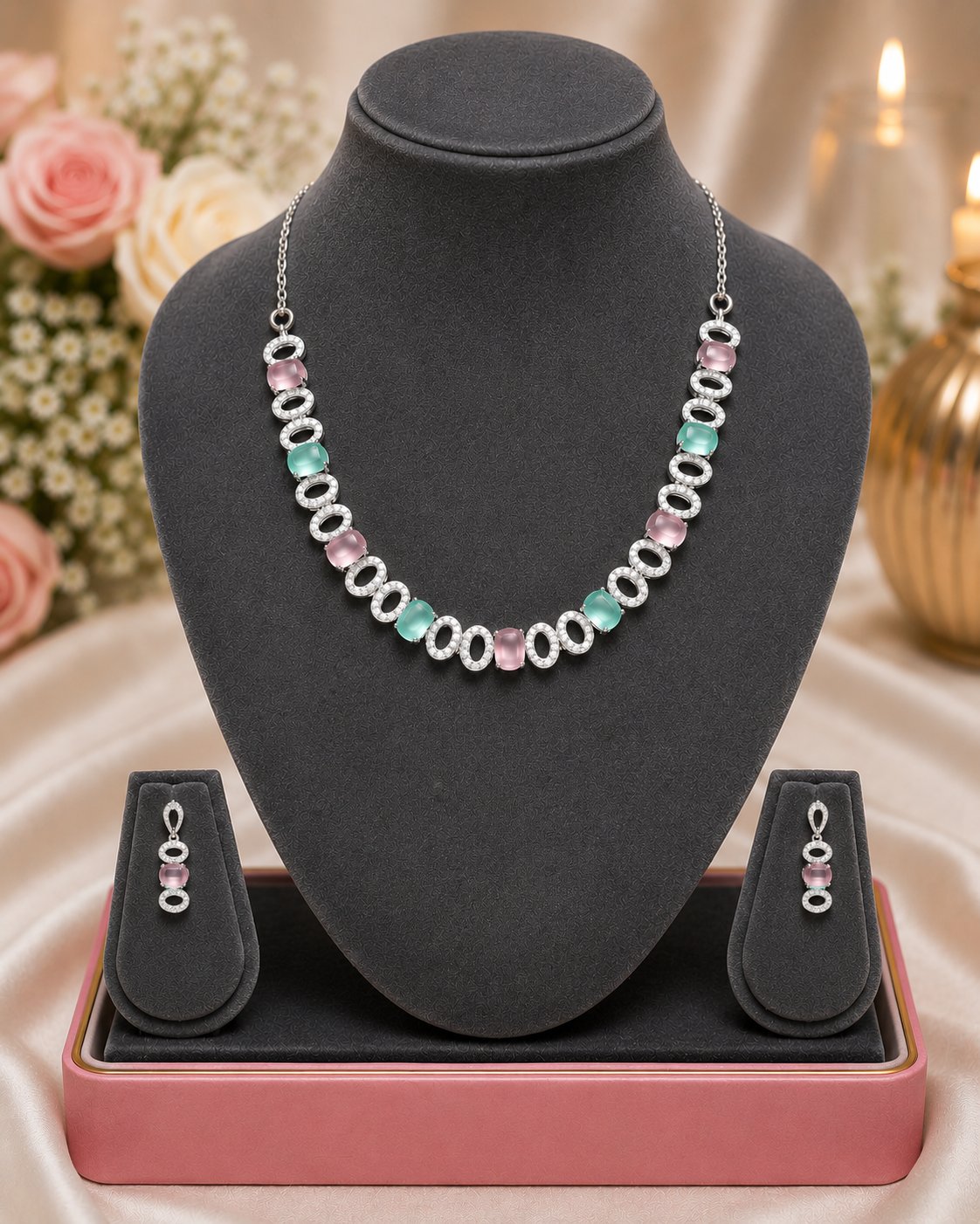 Pink & Mint Green Gemstone Necklace Set