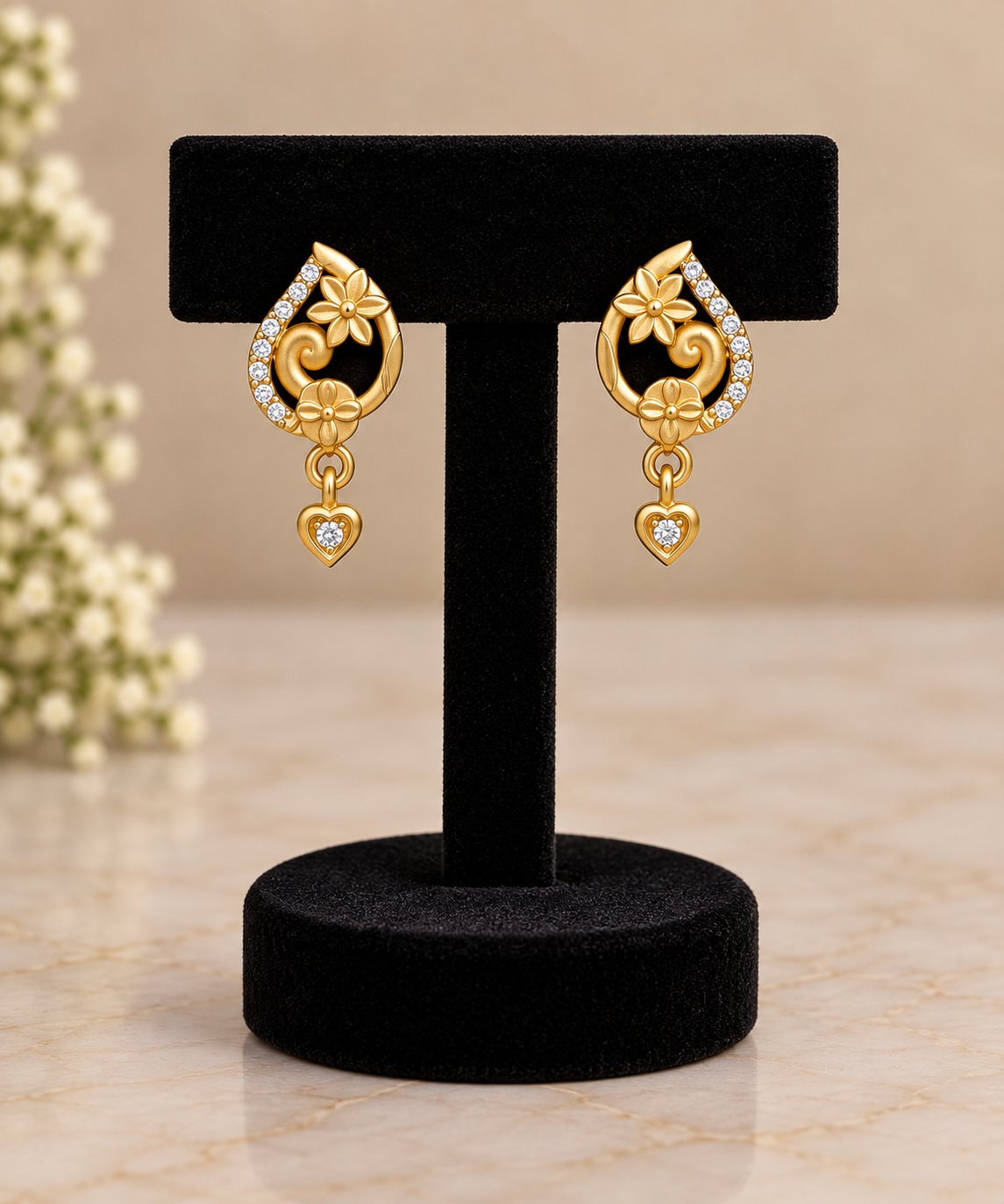 Gold Floral Heart Drop Earrings