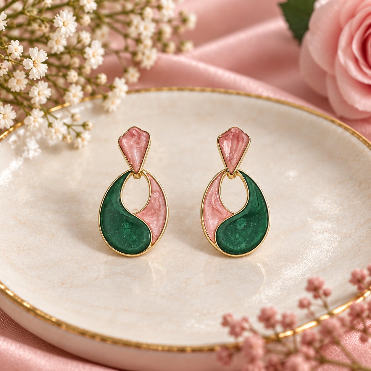 Pink and Green Enamel Earrings