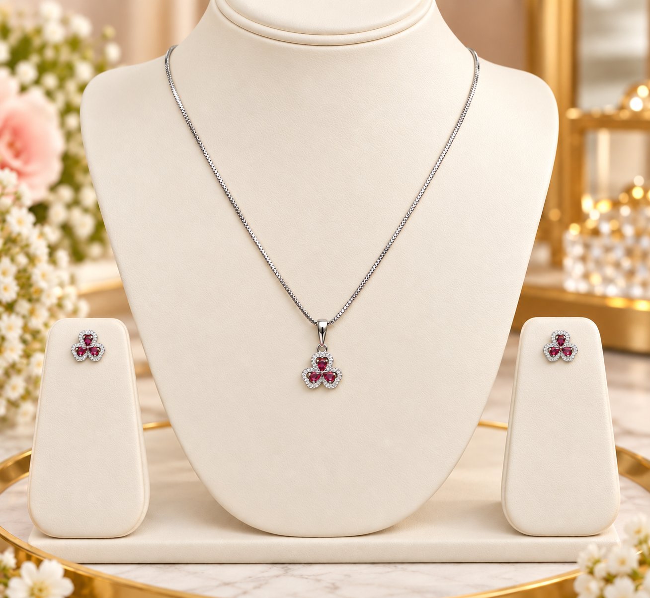 Ruby Flower Pendant chain with Earrings