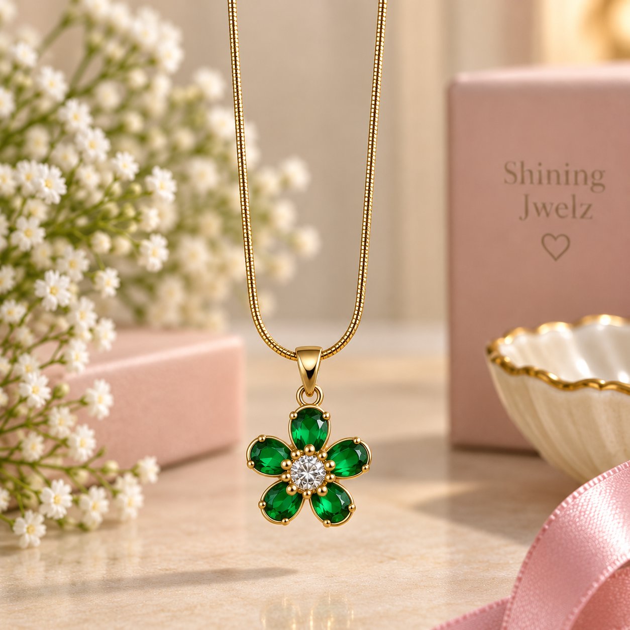 Emerald Flower Pendant Necklace