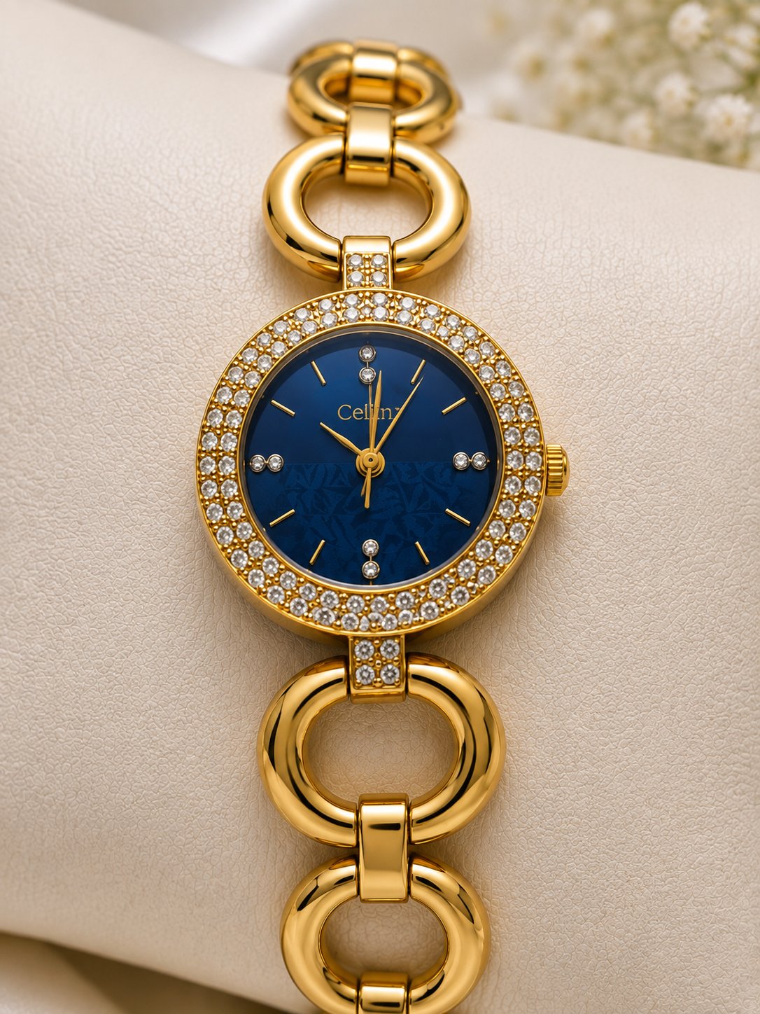 Gold Diamond Blue Dial Watch