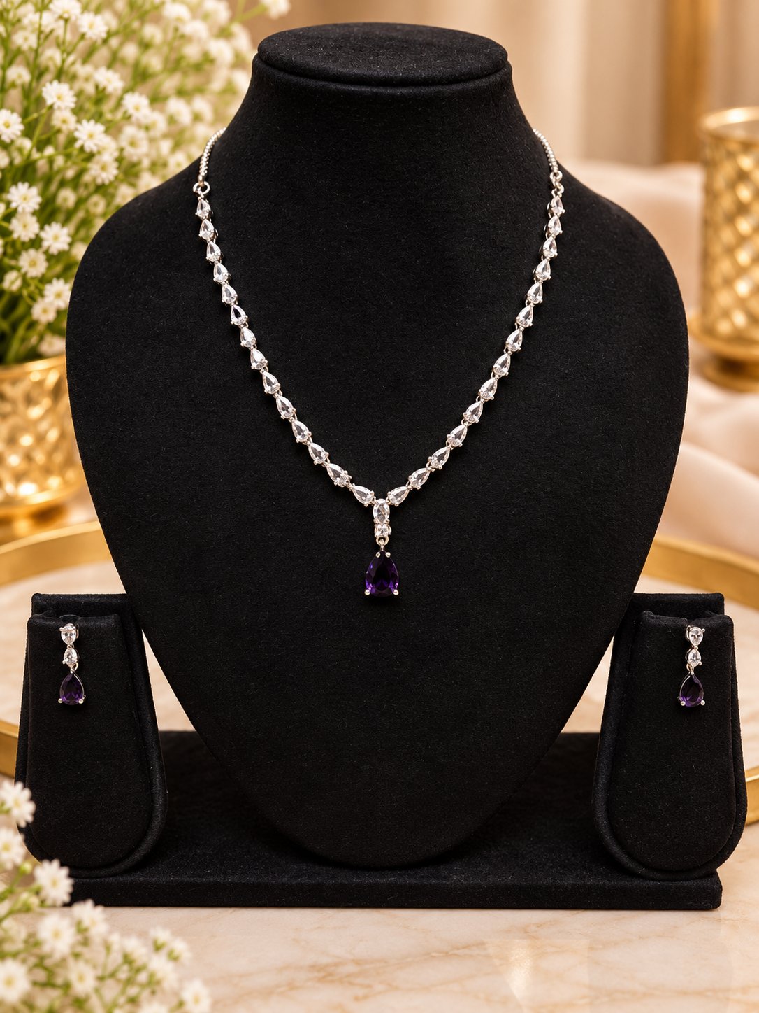 Purple Pear Cut Necklace Set