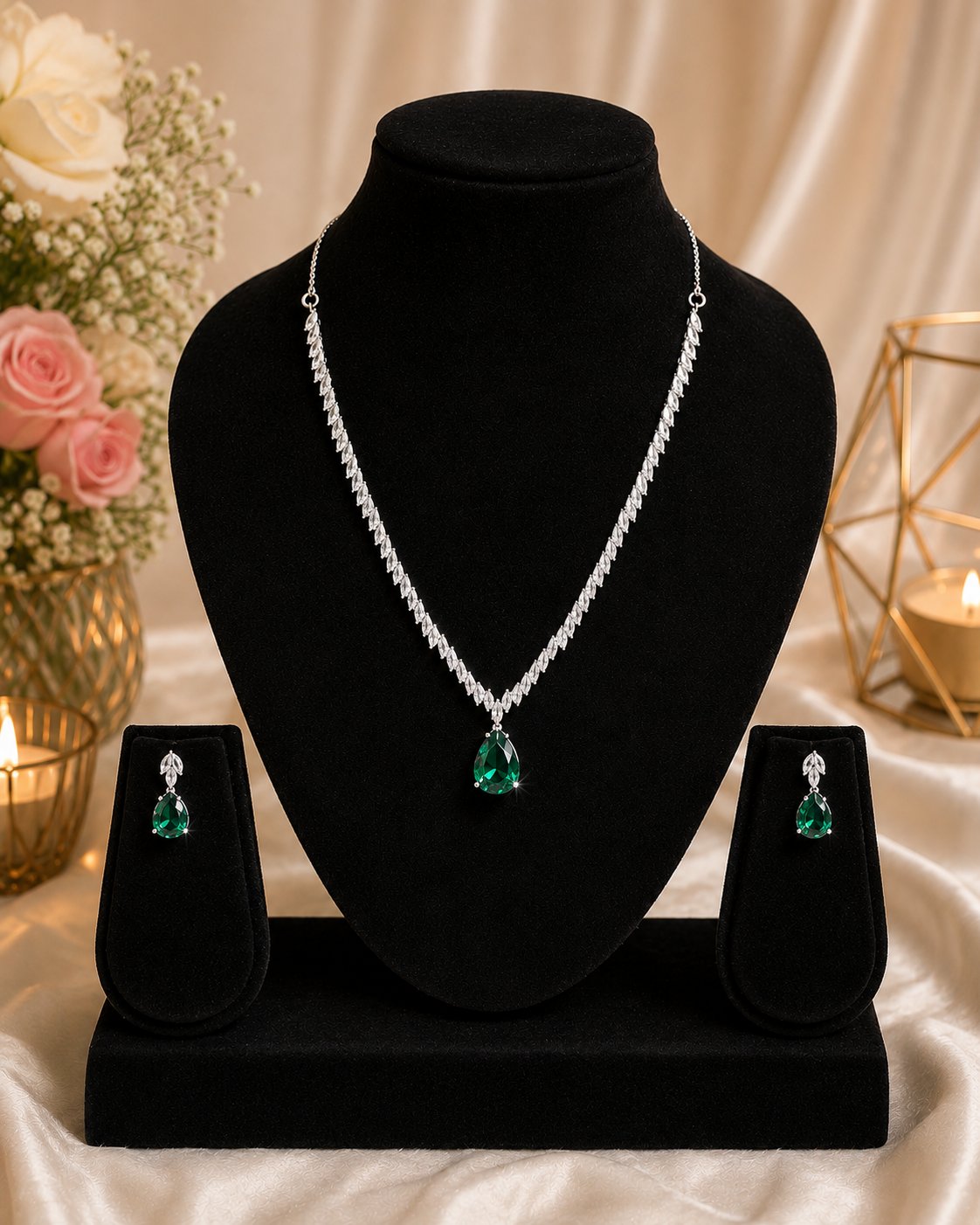 Emerald green Pear Cut Necklace Set