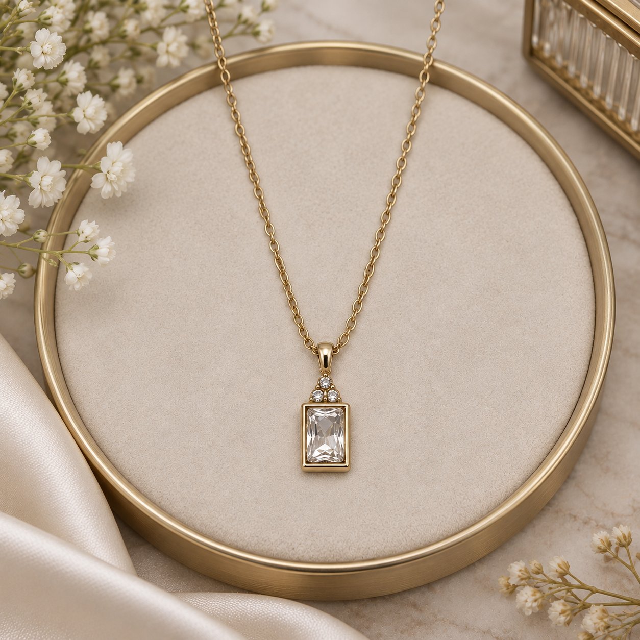 Gold Emerald Cut Pendant Necklace