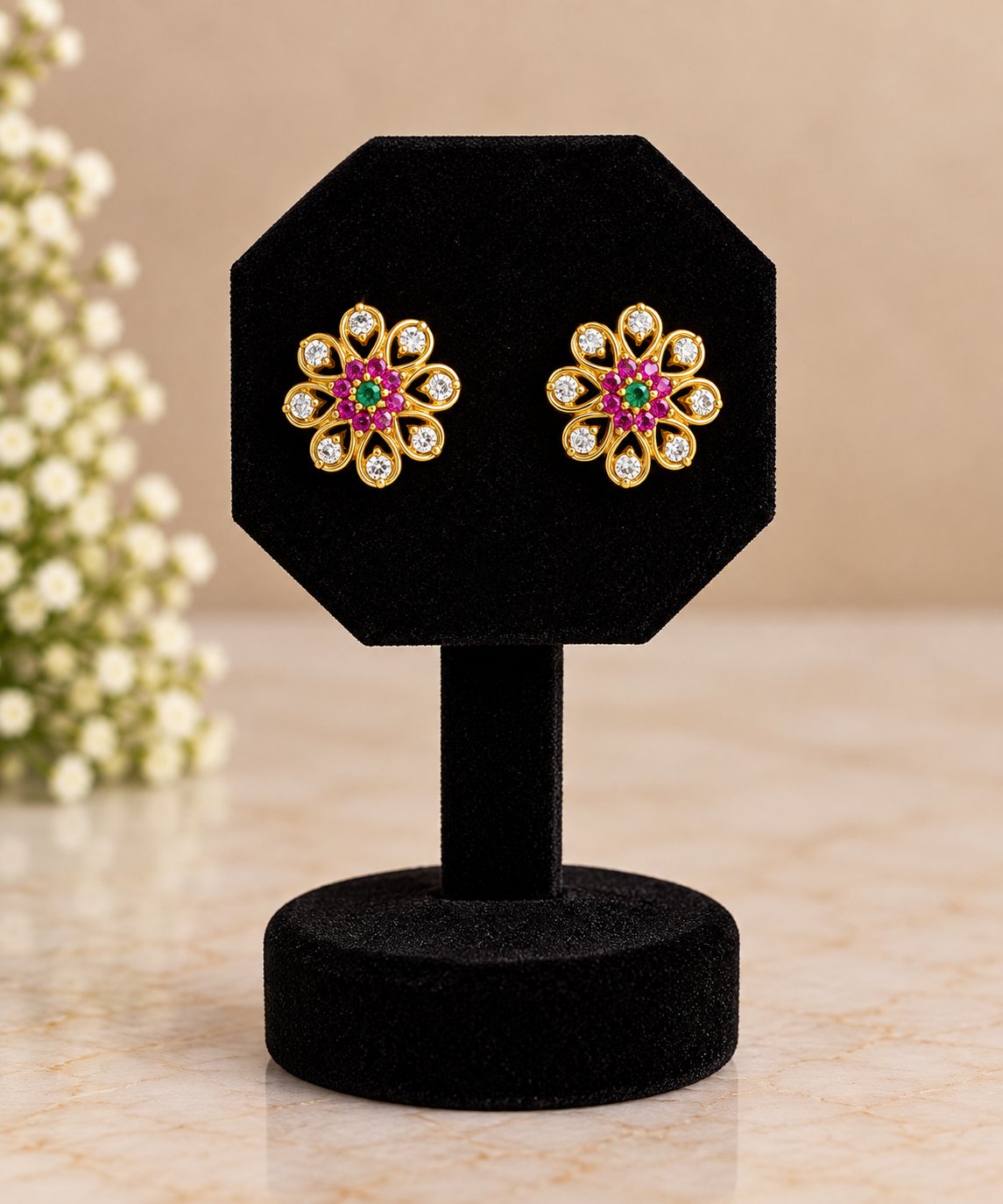 Floral Ruby and AD Stud Earrings