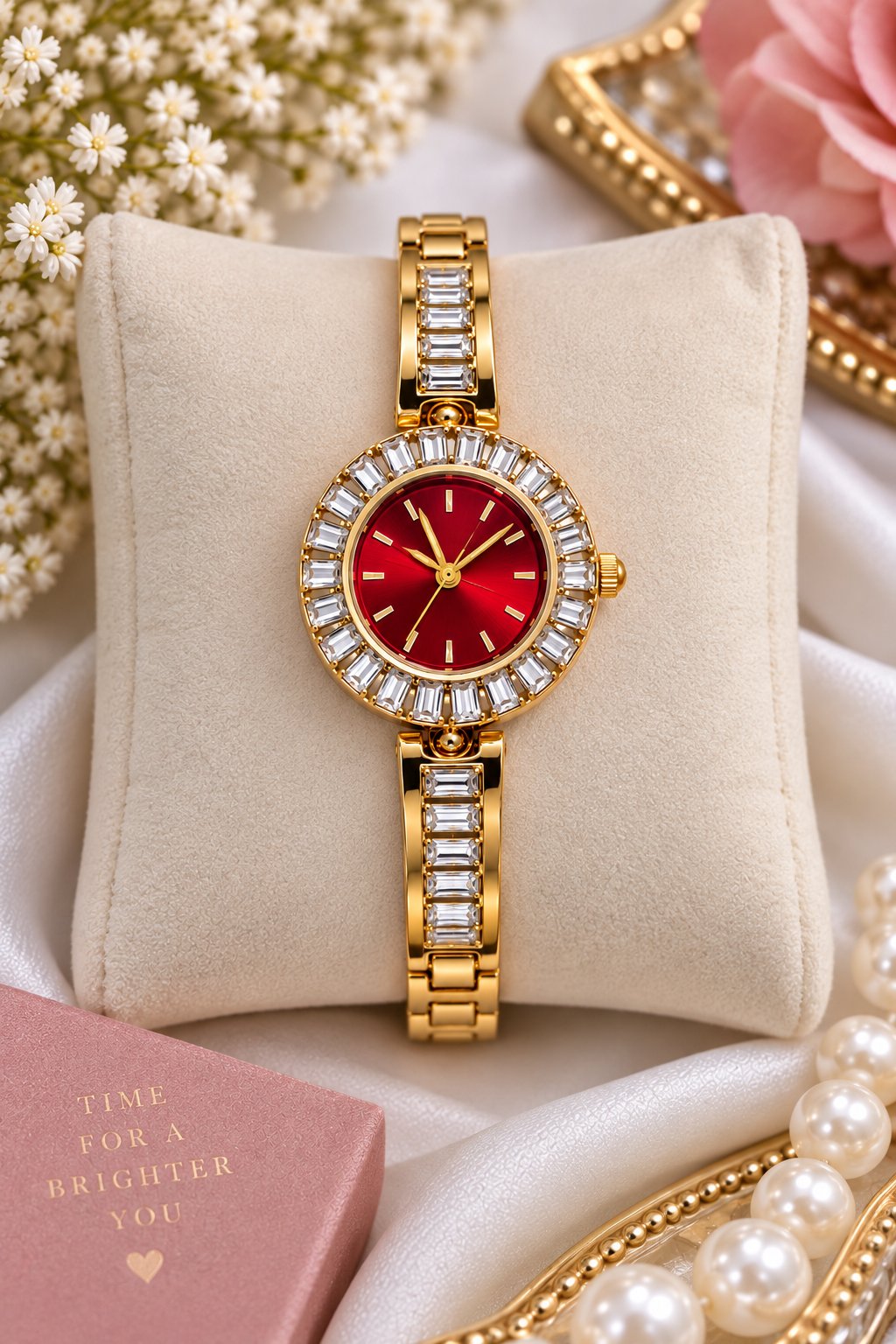 Gold Crystal Embellished Red Dial Watch