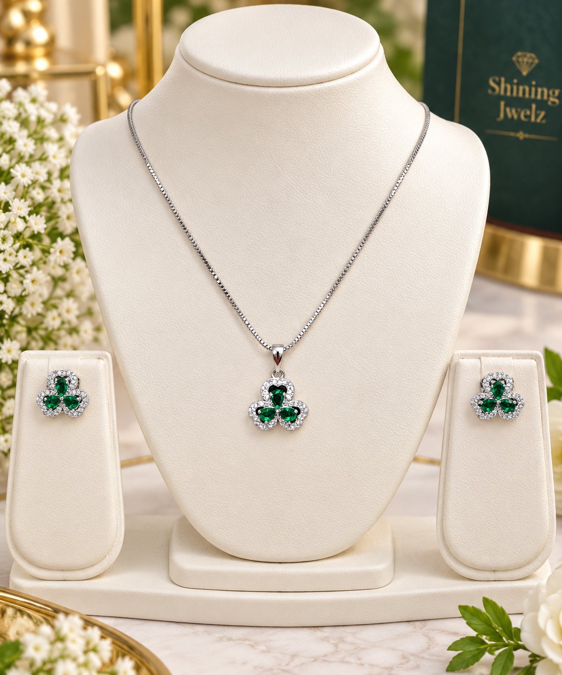 Emerald Floral Neck chain set with earringsSet