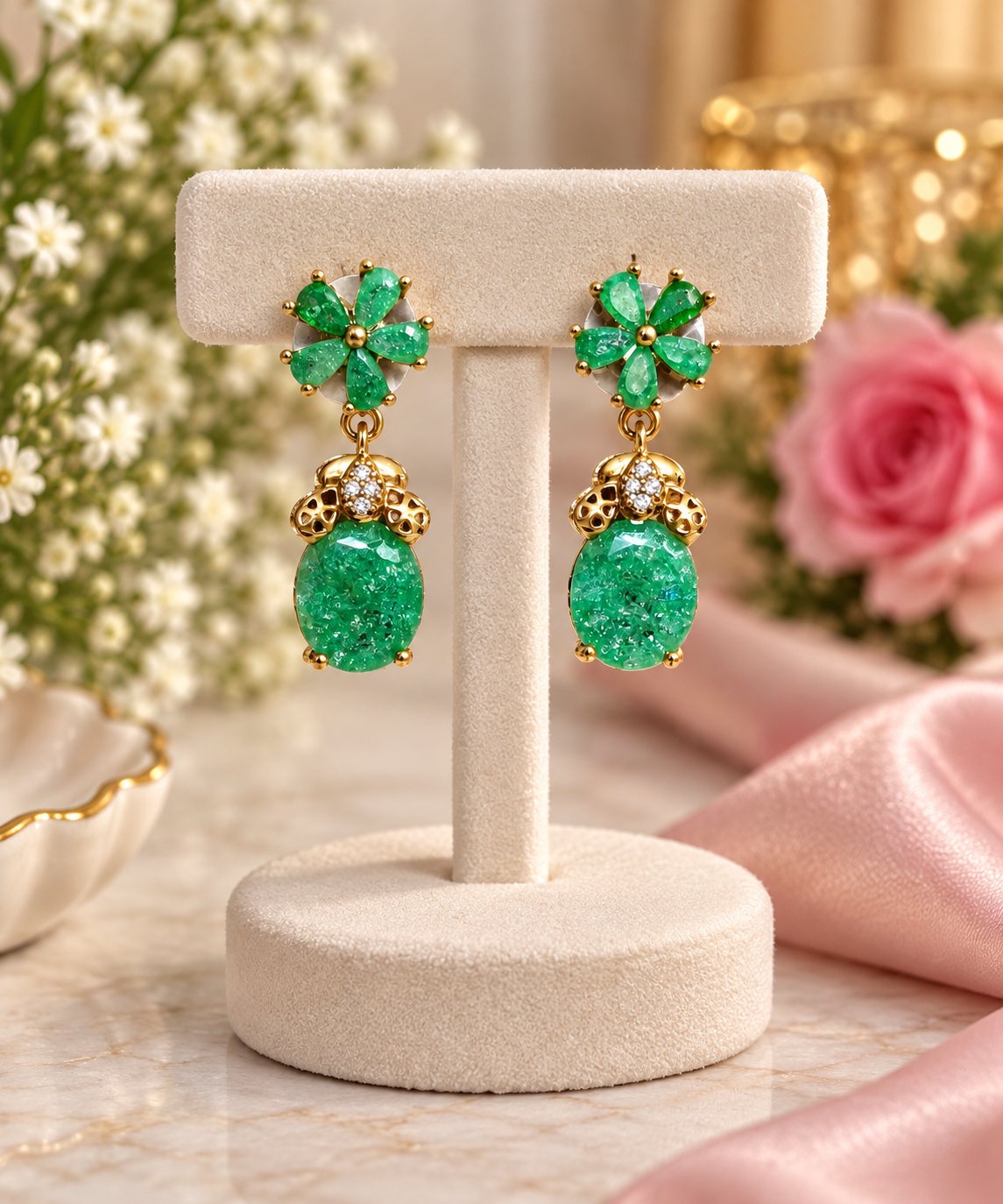 Emerald Flower Drop Earrings