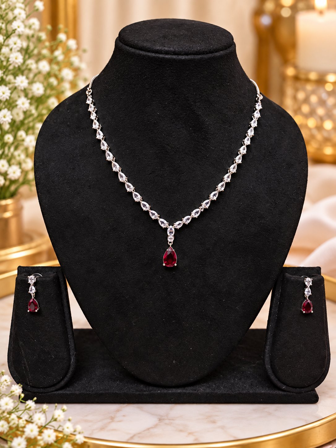 Red Pear Cut Necklace Set