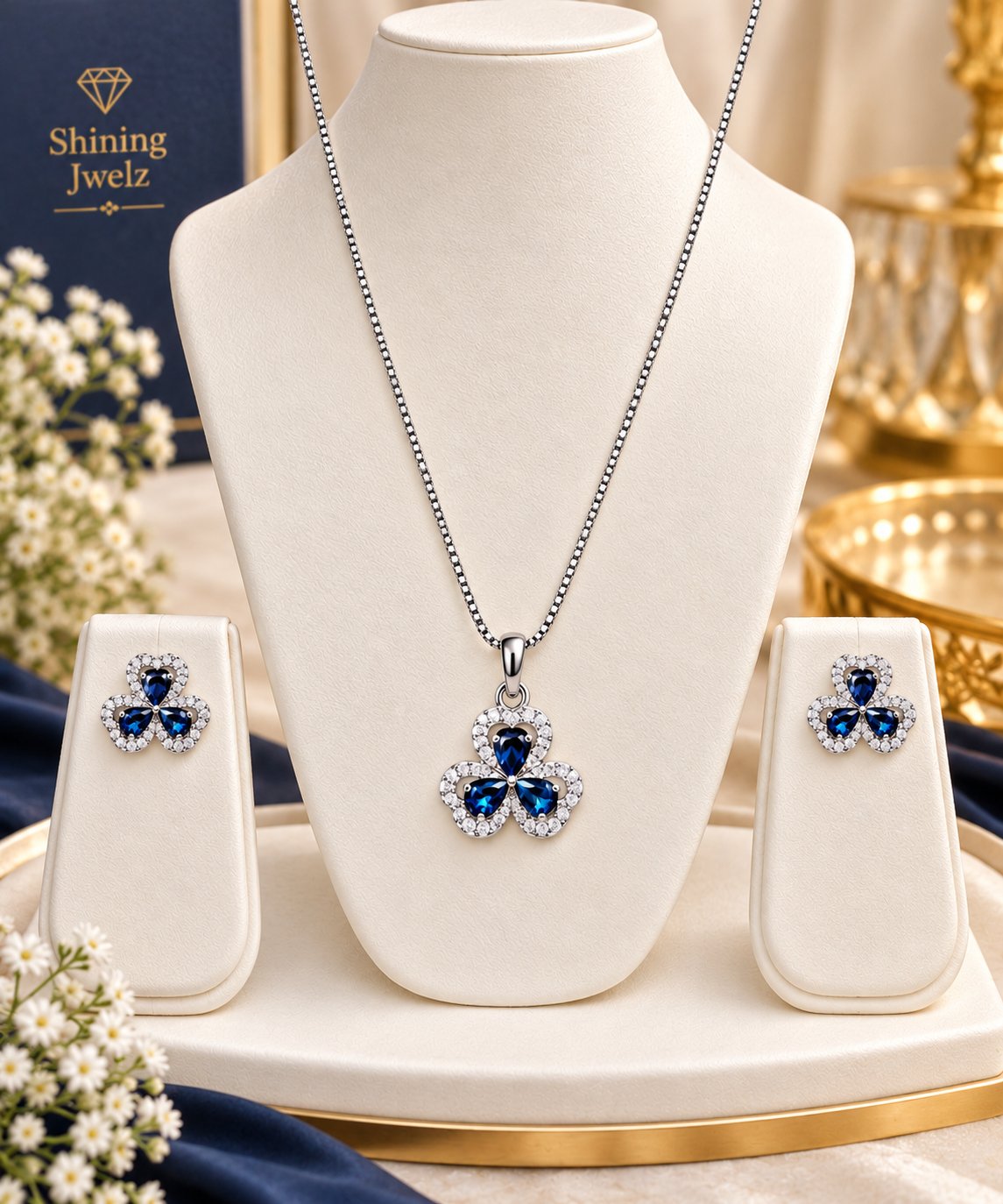 Blue Floral Neckchain set with Earrings