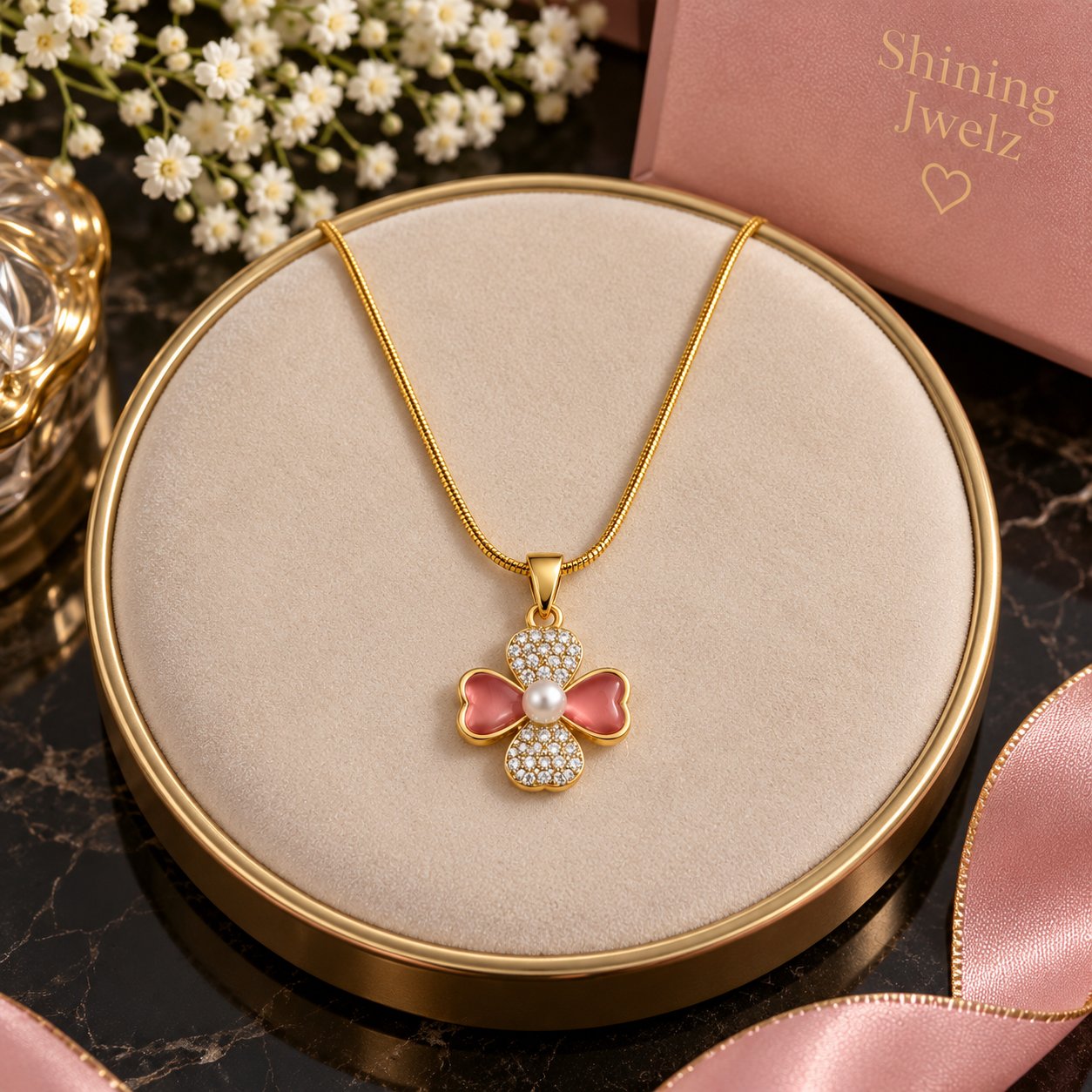 Gold and Pink Clover Pendant Necklace